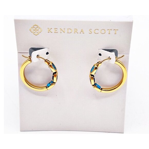 New Kendra Scott Mini Elisa Hoop Earrings In Vintage Gold Blue Mix Gift For Her - Picture 2 of 6